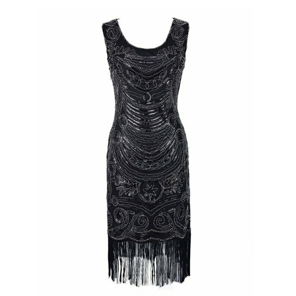 1920's Black Sequin Fringe Gatsby Flapper Dress